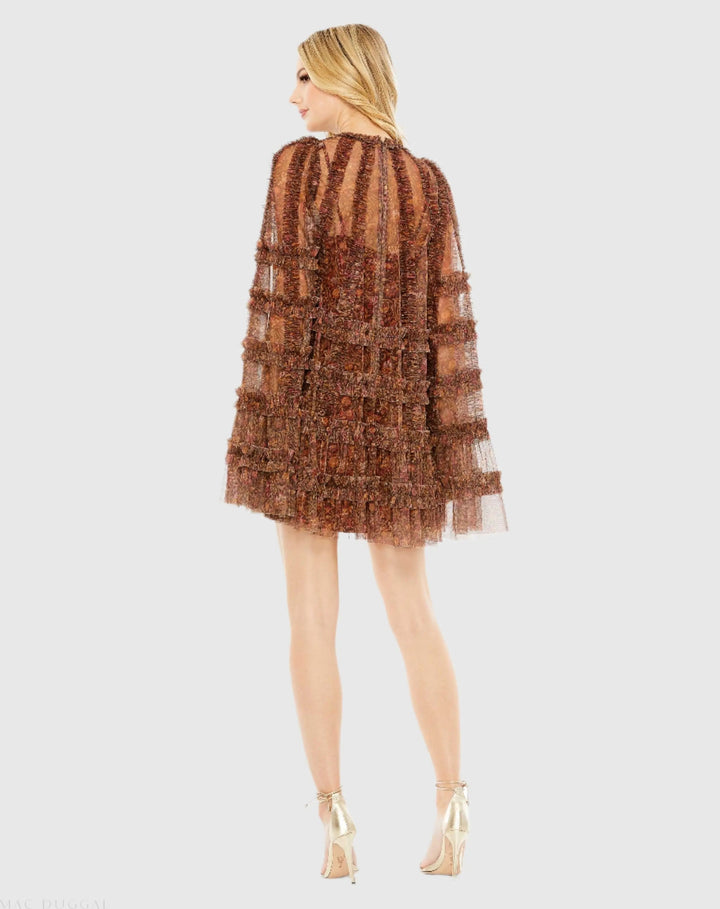 Mac Duggal 8007A Brown Floral Print Long Flare Sleeve Mesh A-Line Dress