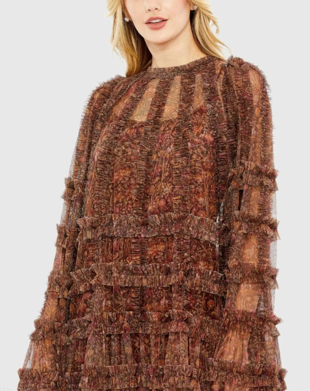 Mac Duggal 8007A Brown Floral Print Long Flare Sleeve Mesh A-Line Dress