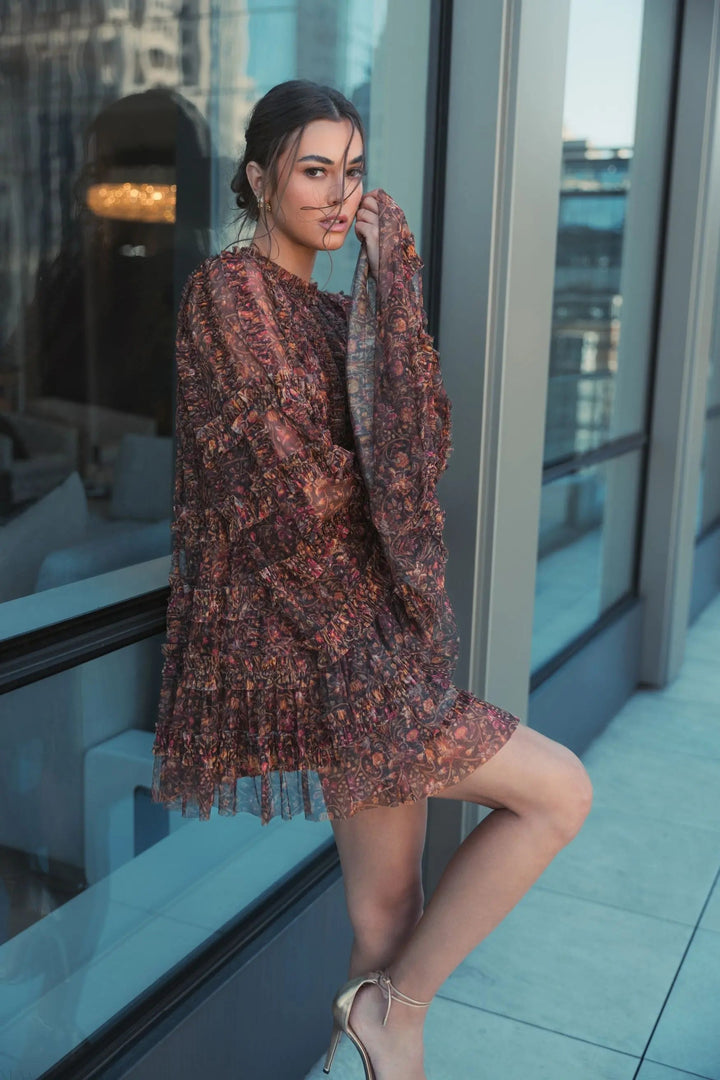 Mac Duggal 8007A Brown Floral Print Long Flare Sleeve Mesh A-Line Dress