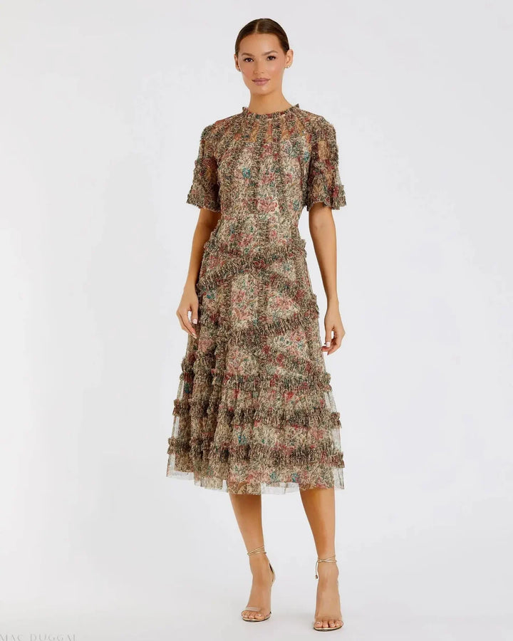 Mac Duggal 8010 Floral Midi Dress with Ruffle Detailing