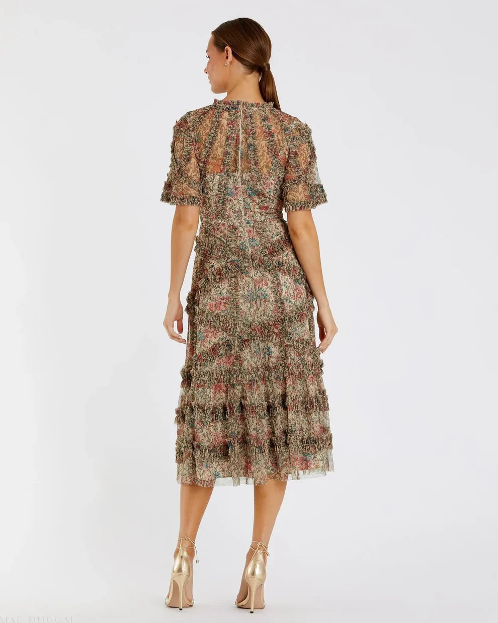 Mac Duggal 8010 Floral Midi Dress with Ruffle Detailing