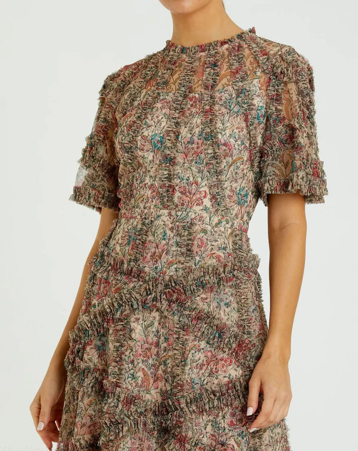 Mac Duggal 8010 Floral Midi Dress with Ruffle Detailing