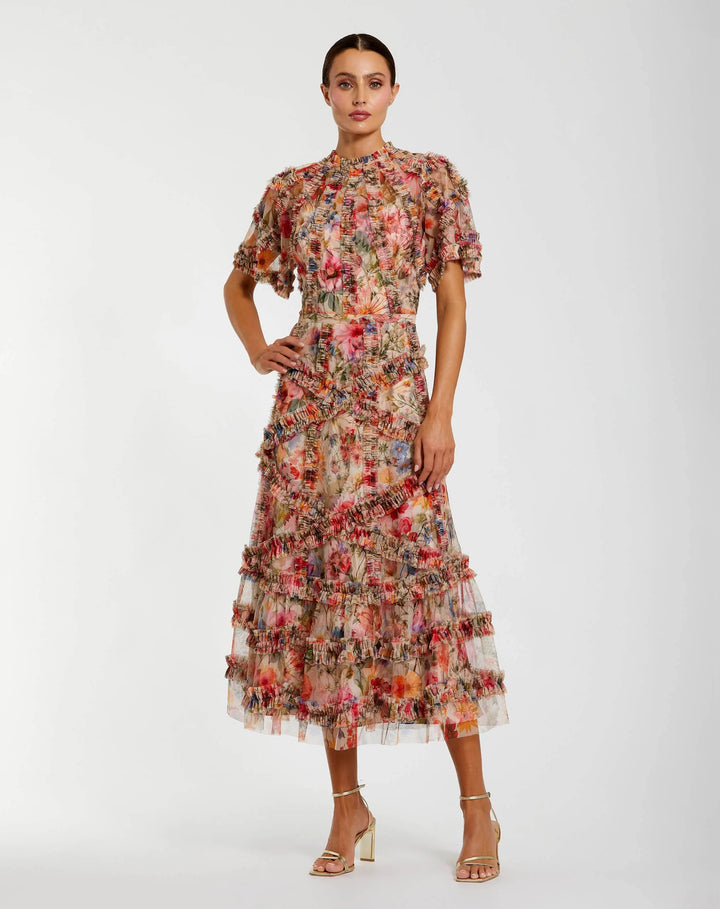 Mac Duggal 8010 Floral Midi Dress with Ruffle Detailing