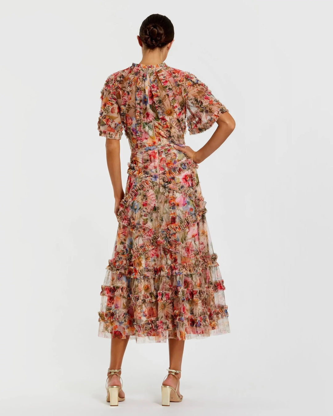 Mac Duggal 8010 Floral Midi Dress with Ruffle Detailing