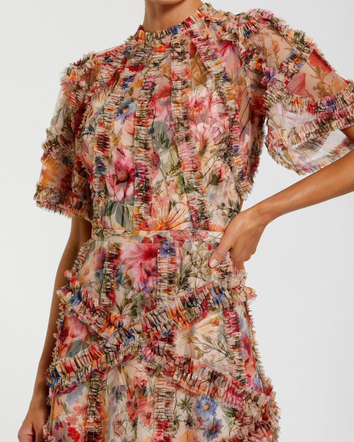 Mac Duggal 8010 Floral Midi Dress with Ruffle Detailing