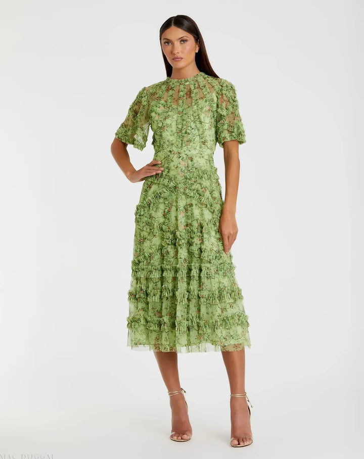 Mac Duggal 8010 Floral Midi Dress with Ruffle Detailing