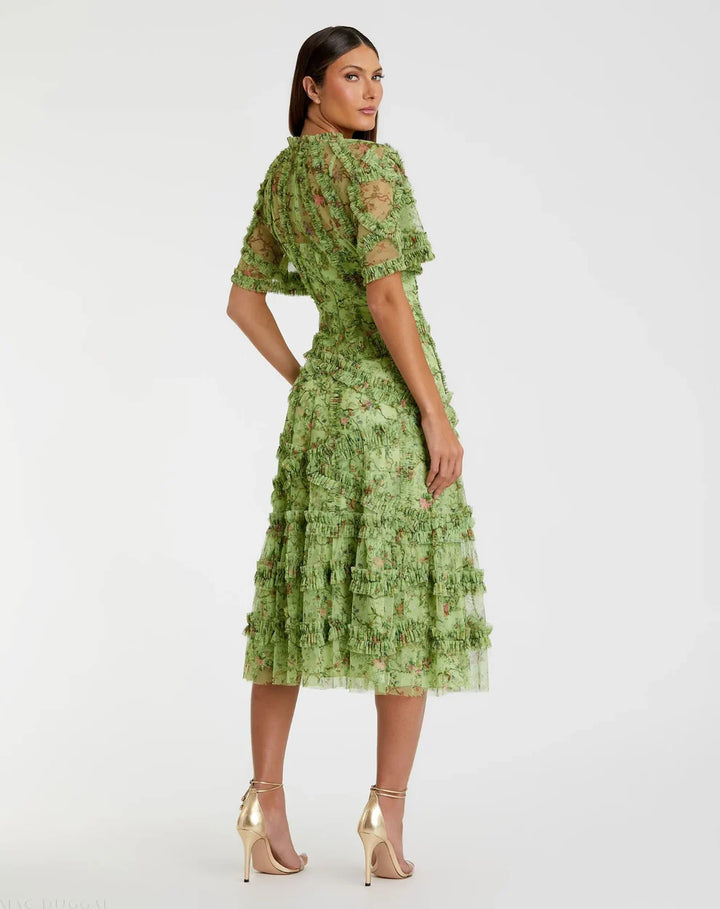 Mac Duggal 8010 Floral Midi Dress with Ruffle Detailing