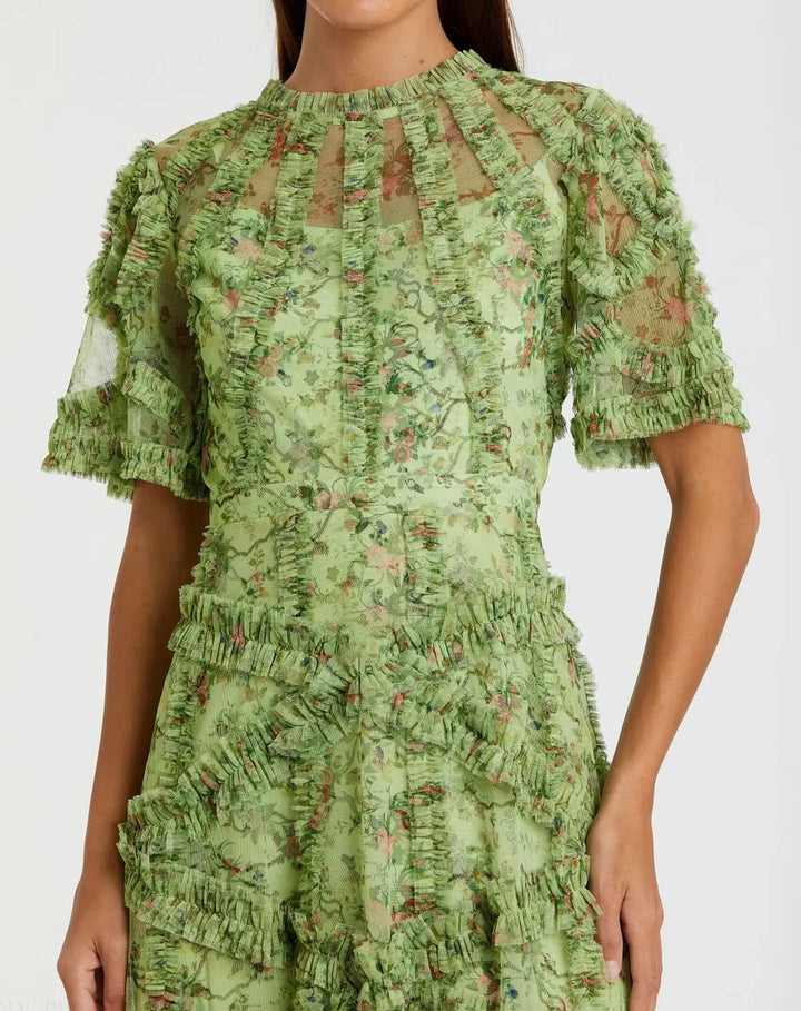 Mac Duggal 8010 Floral Midi Dress with Ruffle Detailing