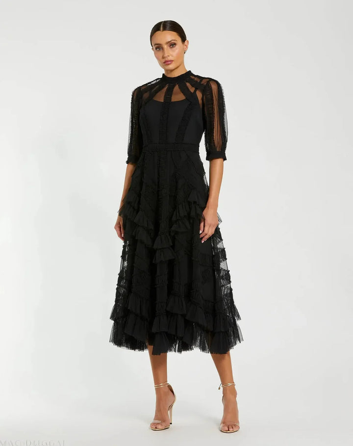 Mac Duggal 8058 High Neck Micro Ruffle Tiered Midi Dress
