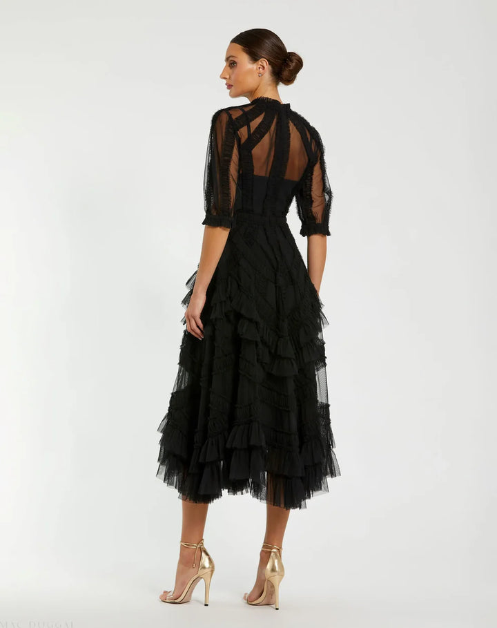 Mac Duggal 8058 High Neck Micro Ruffle Tiered Midi Dress