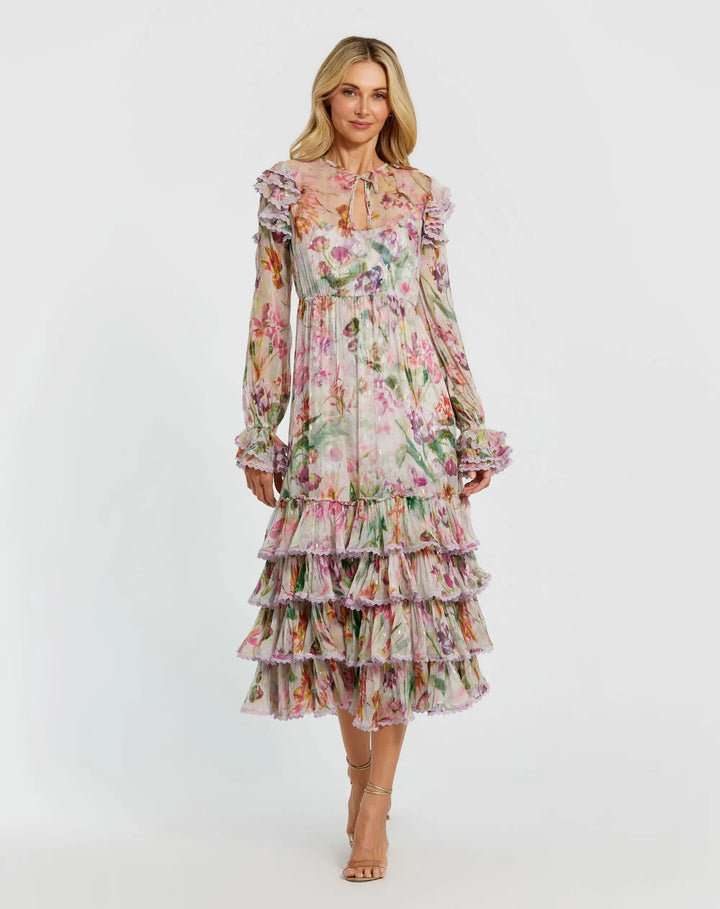 Mac Duggal 8102 Long Sleeve Ruffle Detail Floral Shift Dress