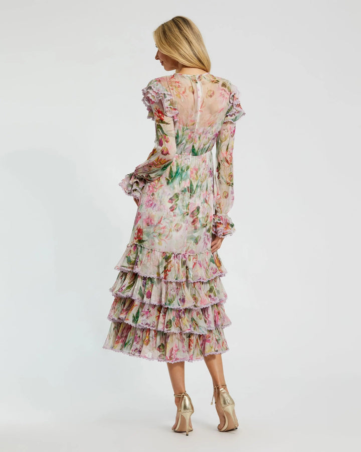 Mac Duggal 8102 Long Sleeve Ruffle Detail Floral Shift Dress
