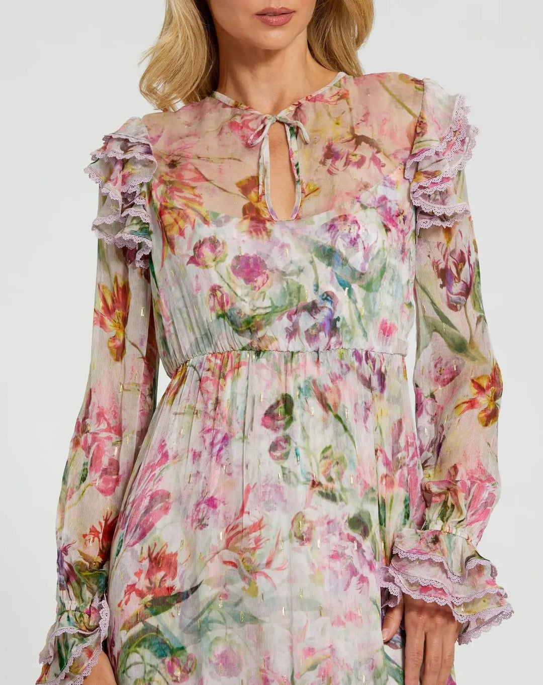 Mac Duggal 8102 Long Sleeve Ruffle Detail Floral Shift Dress