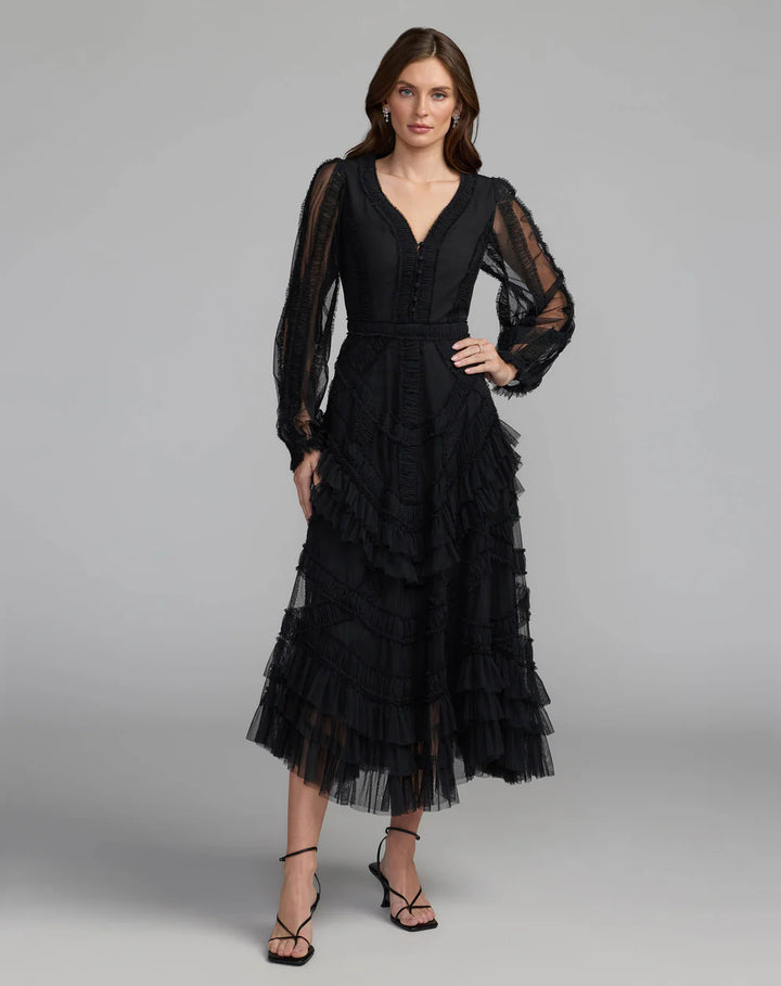 Mac Duggal 8247 Long Sleeve V-Neck Micro Ruffle Midi Dress