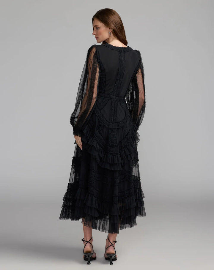 Mac Duggal 8247 Long Sleeve V-Neck Micro Ruffle Midi Dress