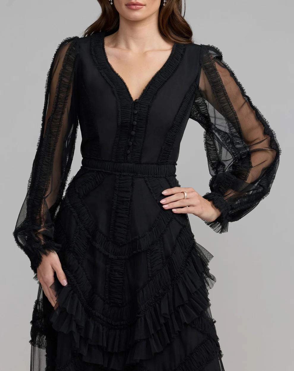 Mac Duggal 8247 Long Sleeve V-Neck Micro Ruffle Midi Dress