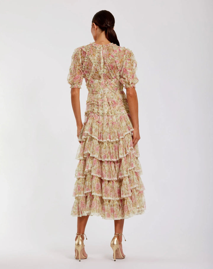 Mac Duggal 8295 Floral High Neck Midi Dress with Lace Trim
