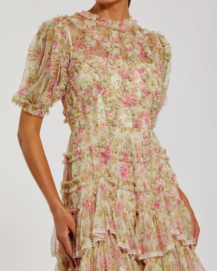 Mac Duggal 8295 Floral High Neck Midi Dress with Lace Trim