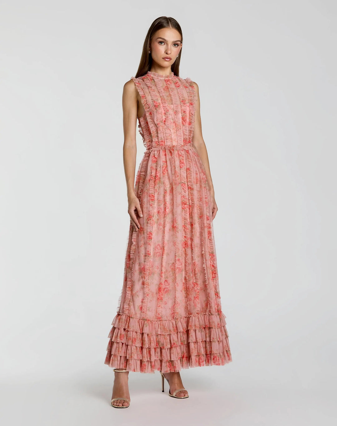 Mac Duggal 8309 Pink Sleeveless Tiered Ruffle Floral Maxi Dress - FOSTANI.com