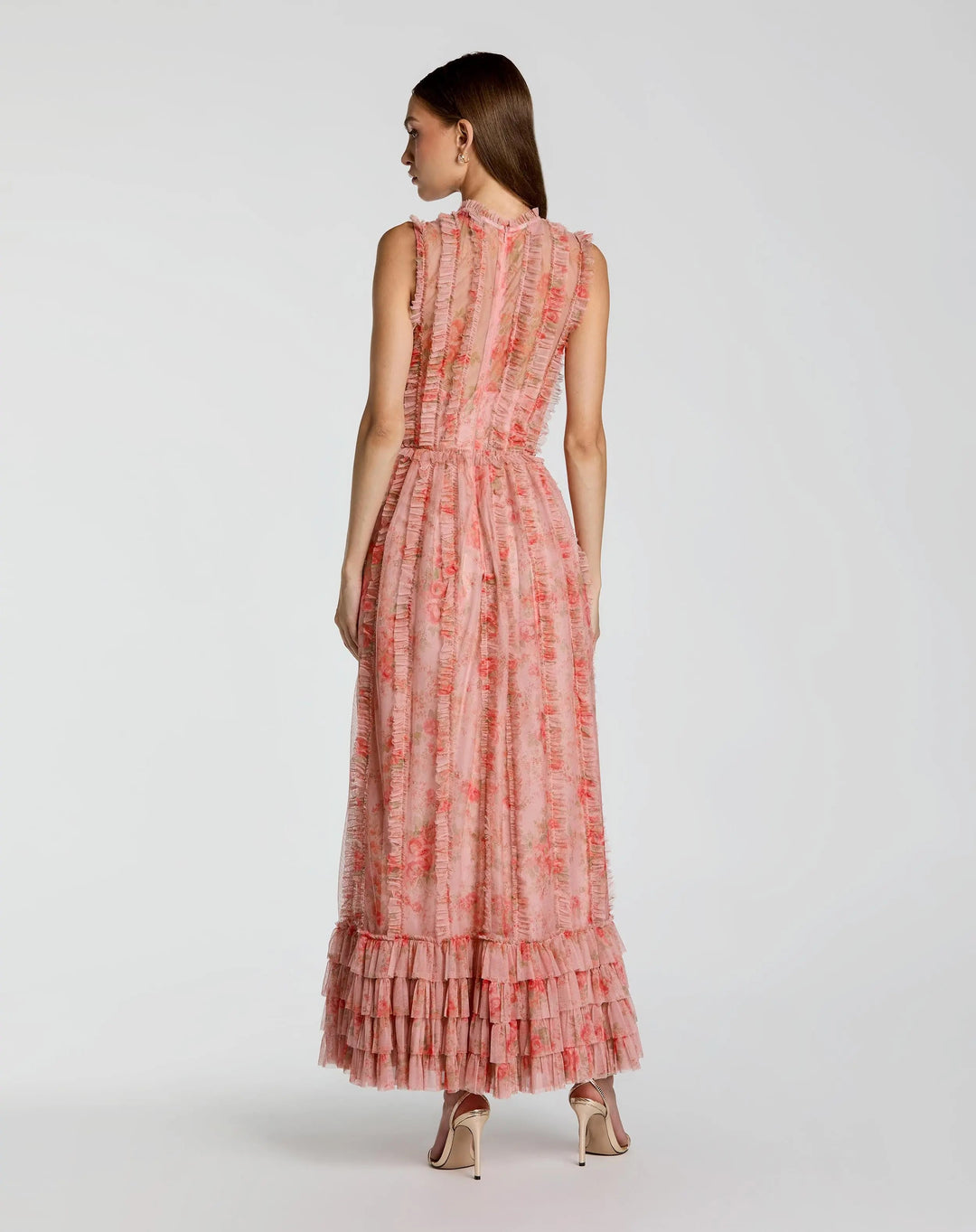 Mac Duggal 8309 Pink Sleeveless Tiered Ruffle Floral Maxi Dress - FOSTANI.com
