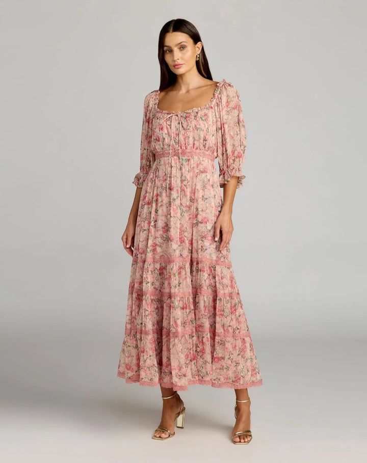 Mac Duggal 8330 Pink Floral Scoop Neck Midi Dress With 3/4 Sleeves - FOSTANI.com