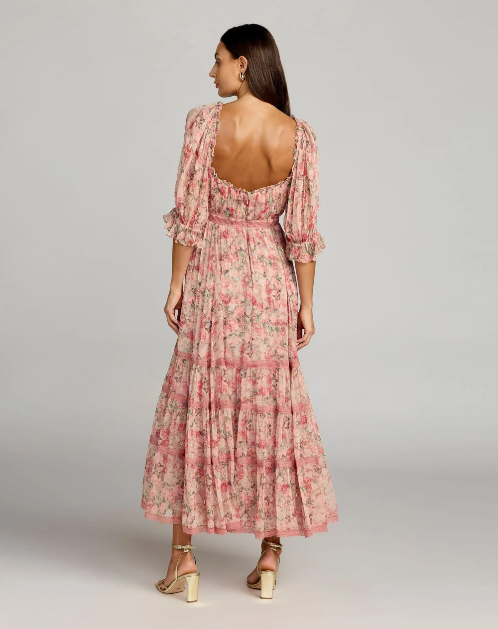 Mac Duggal 8330 Pink Floral Scoop Neck Midi Dress With 3/4 Sleeves - FOSTANI.com