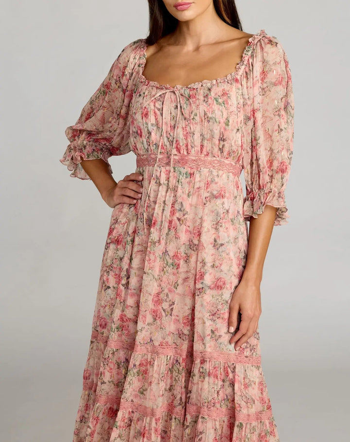 Mac Duggal 8330 Pink Floral Scoop Neck Midi Dress With 3/4 Sleeves - FOSTANI.com