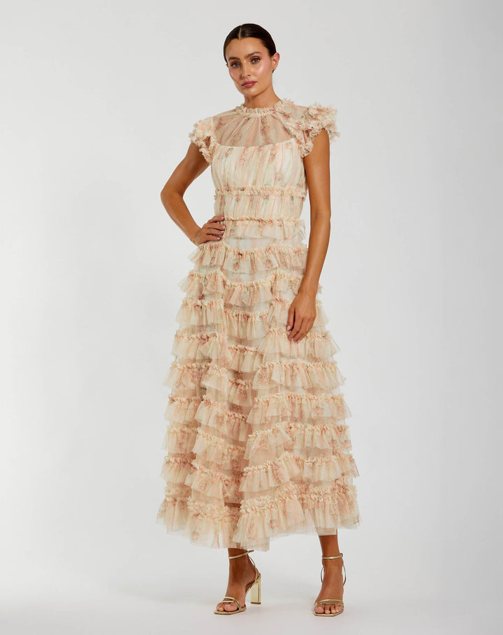 Mac Duggal 8339 Cap Sleeve Micro Ruffle Floral Midi Dress