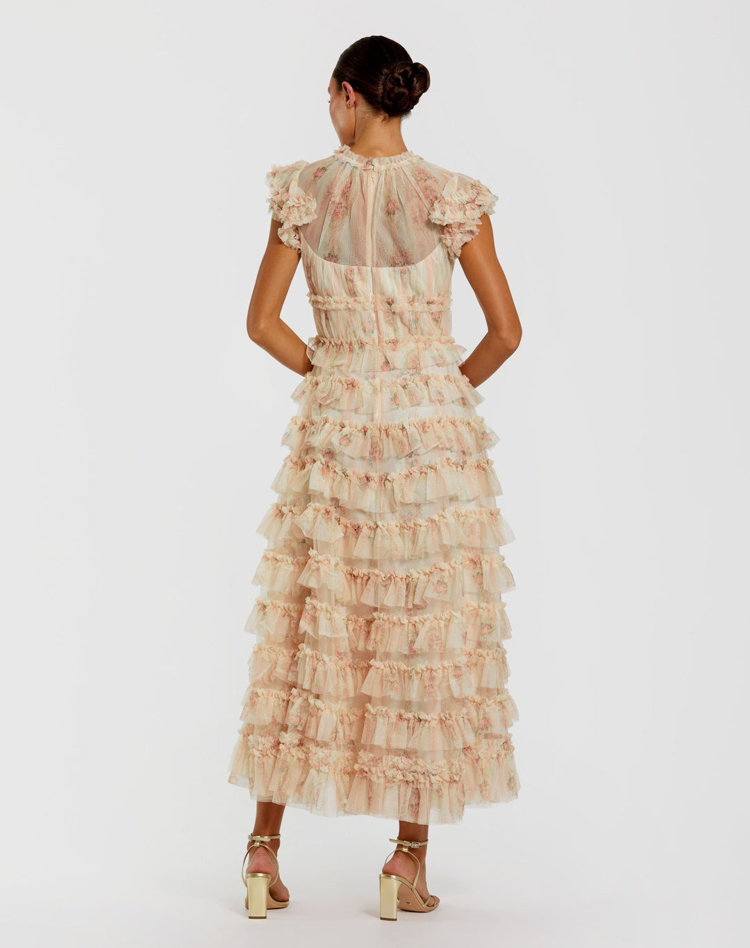 Mac Duggal 8339 Cap Sleeve Micro Ruffle Floral Midi Dress