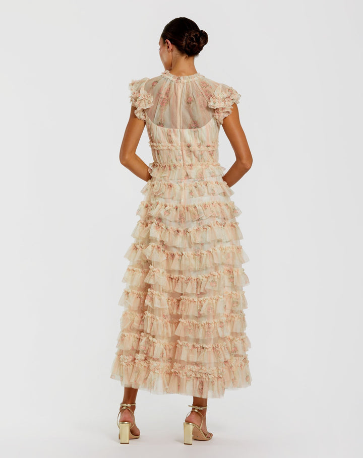 Mac Duggal 8339 Cap Sleeve Micro Ruffle Floral Midi Dress