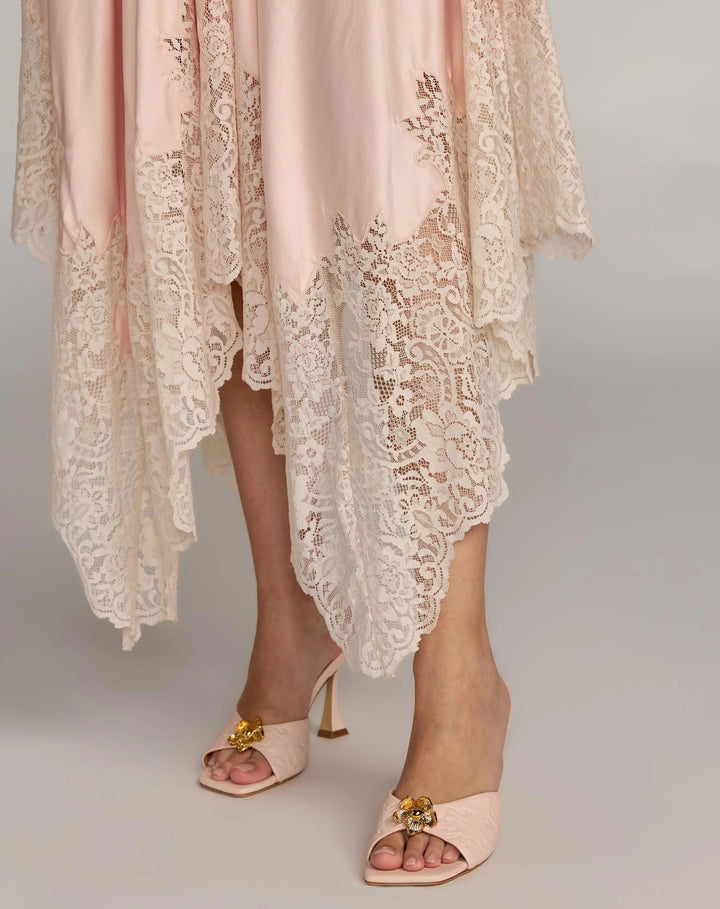 Light Pink Lace Trim Handkerchief Midi Dress - FOSTANI.com