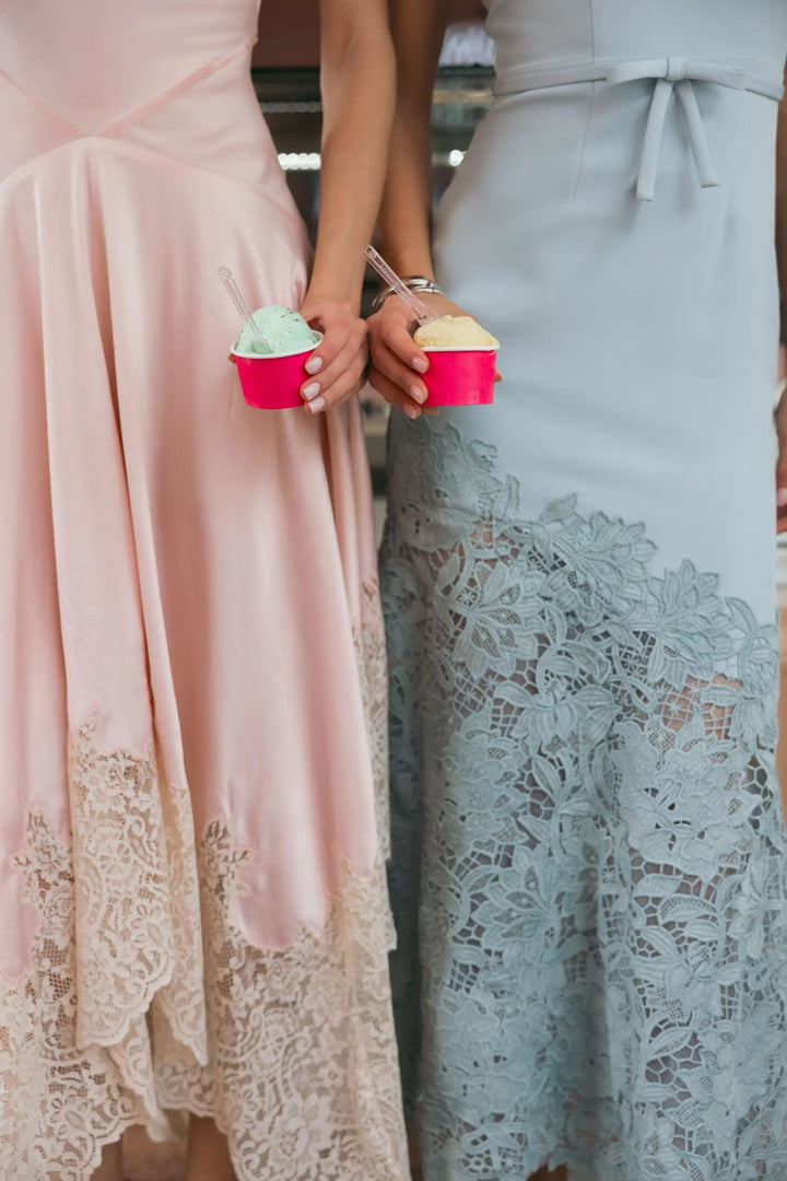Blue Embroidered Hem Sleeveless Midi Dress with Bow - FOSTANI.com