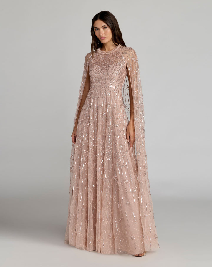 Mac Duggal 8415 Pink Embellished High Neck Gown With Cape Sleeves