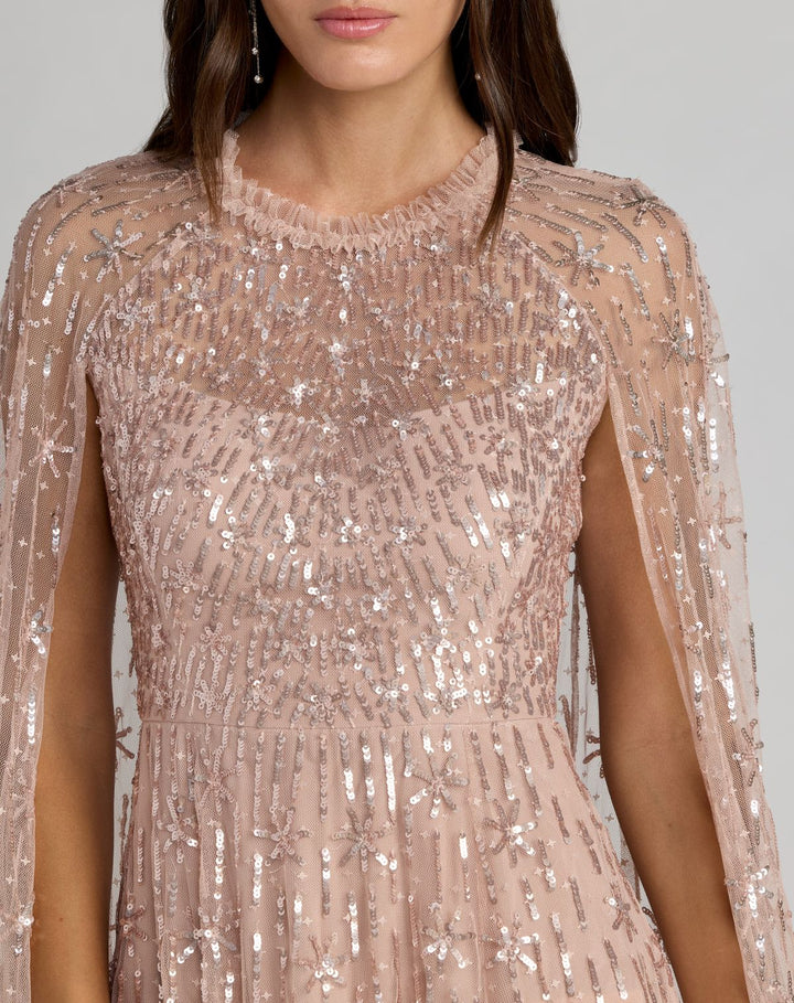 Mac Duggal 8415 Pink Embellished High Neck Gown With Cape Sleeves