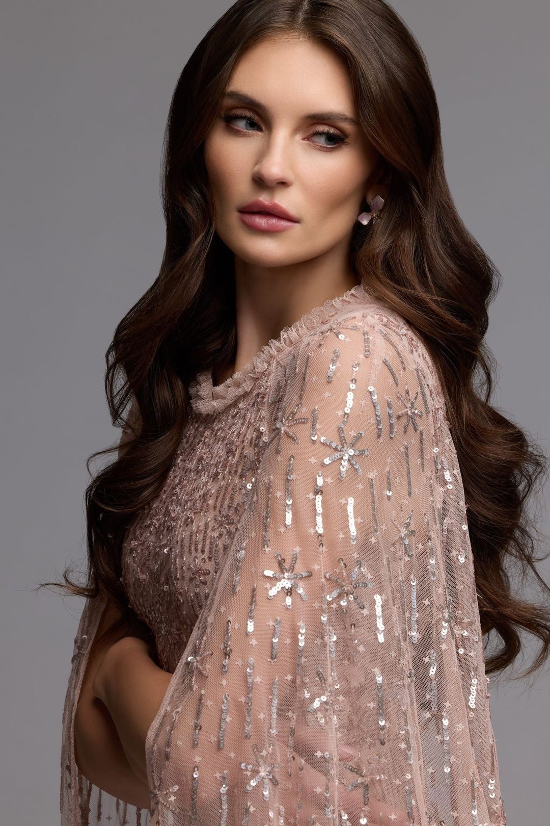 Mac Duggal 8415 Pink Embellished High Neck Gown With Cape Sleeves