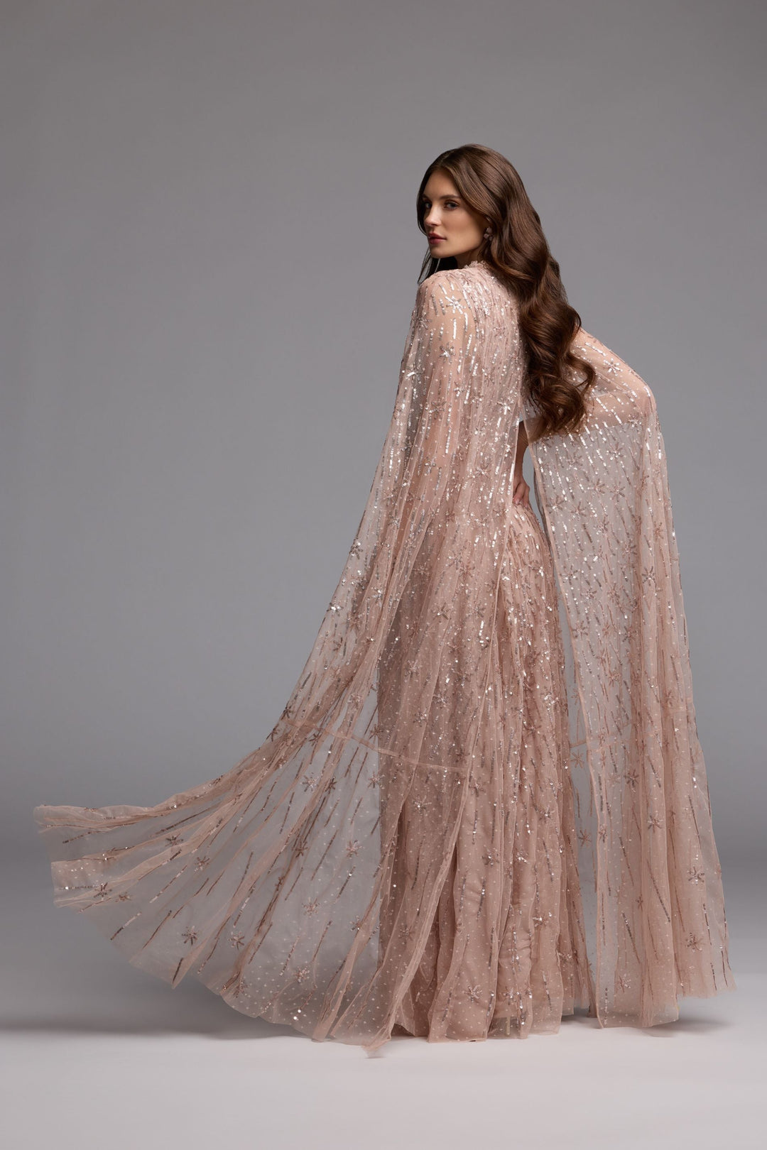 Mac Duggal 8415 Pink Embellished High Neck Gown With Cape Sleeves
