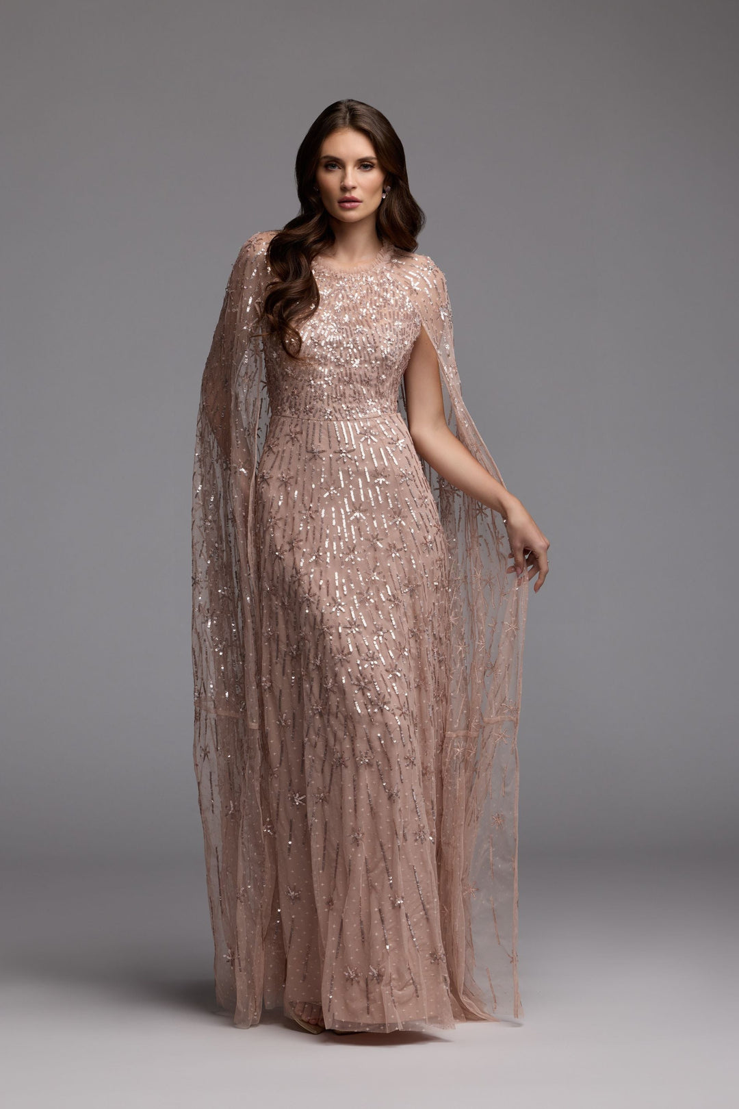 Mac Duggal 8415 Pink Embellished High Neck Gown With Cape Sleeves