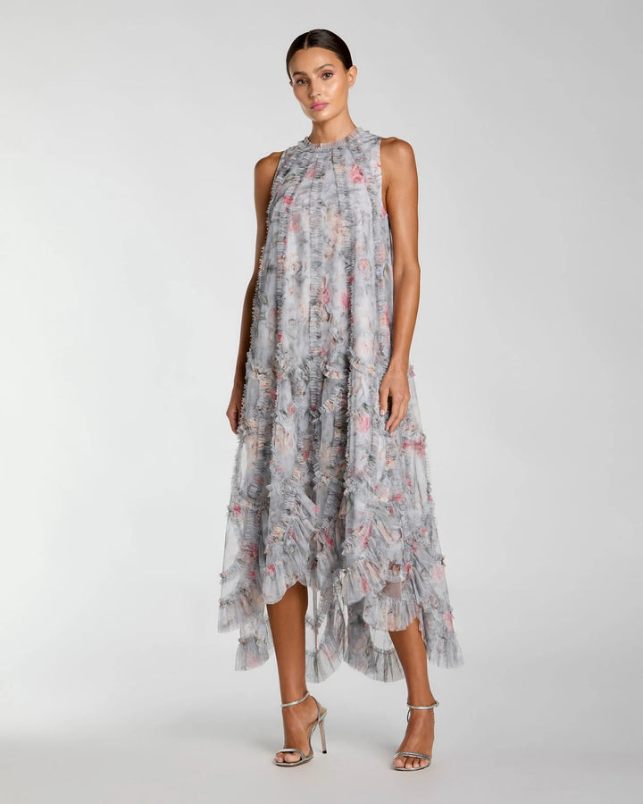 Mac Duggal 8430 Gray Floral Ruffle High Neck Midi Dress - FOSTANI.com