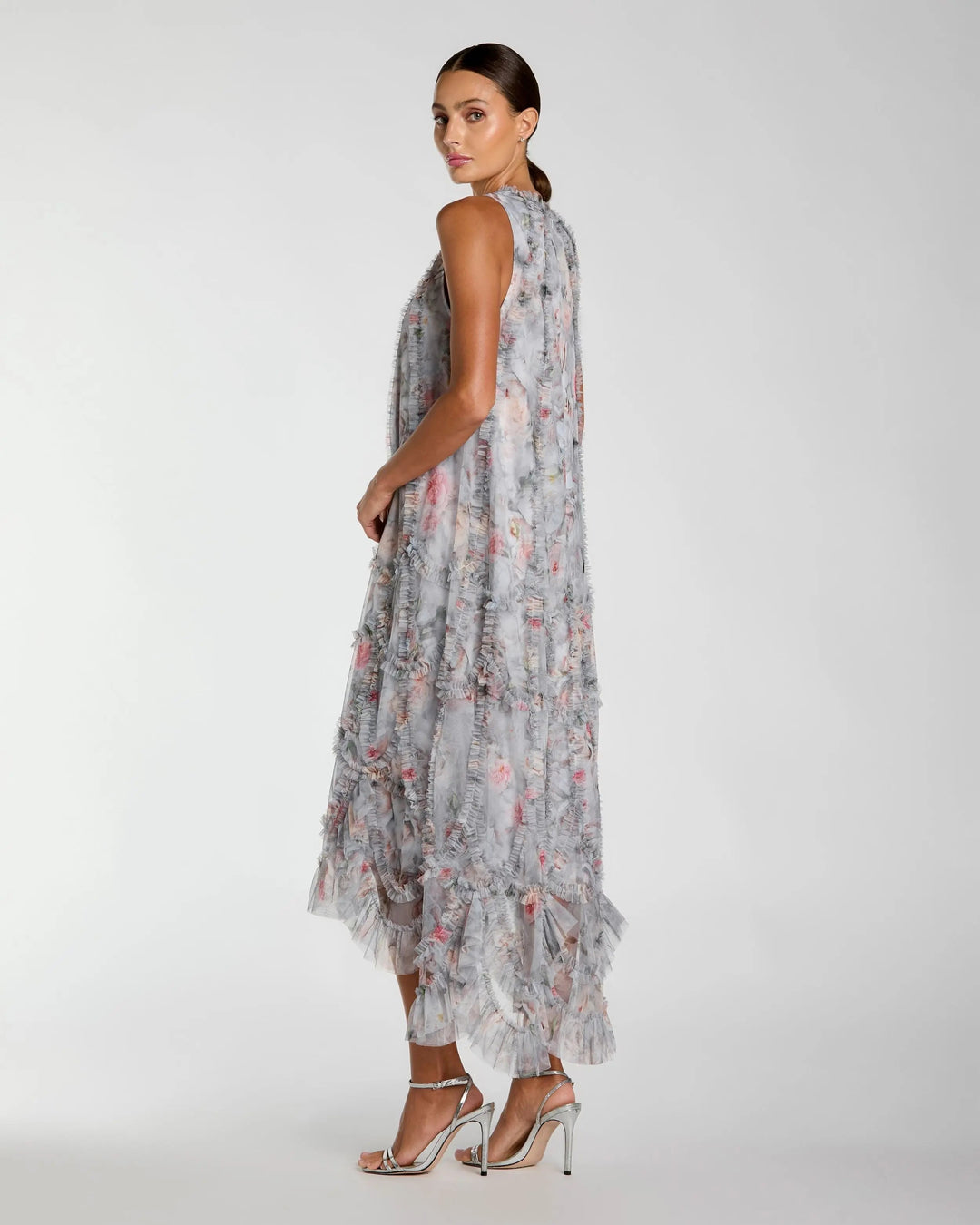 Mac Duggal 8430 Gray Floral Ruffle High Neck Midi Dress - FOSTANI.com