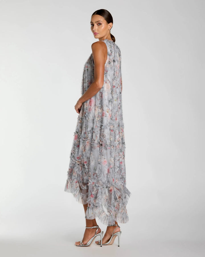 Mac Duggal 8430 Gray Floral Ruffle High Neck Midi Dress - FOSTANI.com