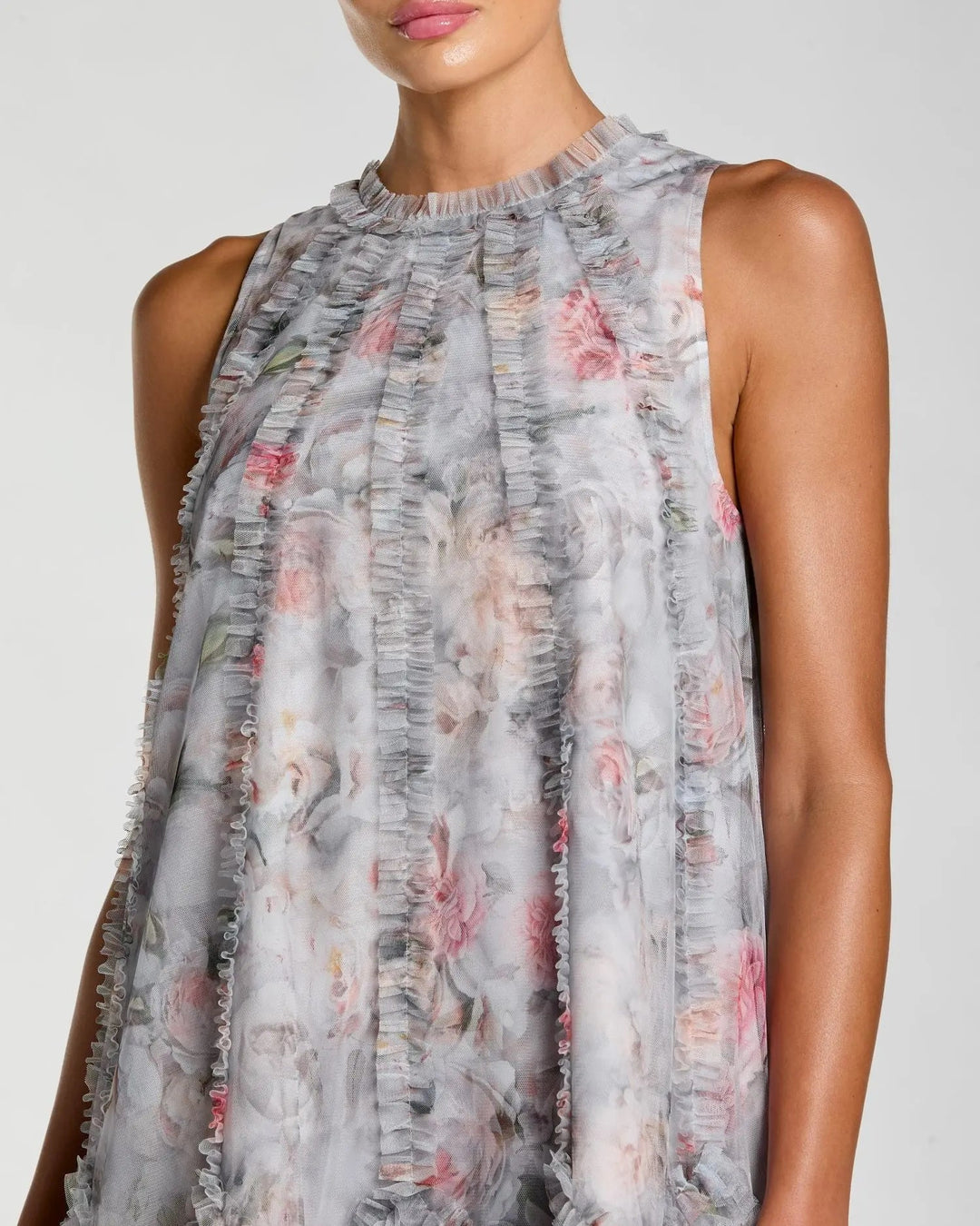 Mac Duggal 8430 Gray Floral Ruffle High Neck Midi Dress - FOSTANI.com