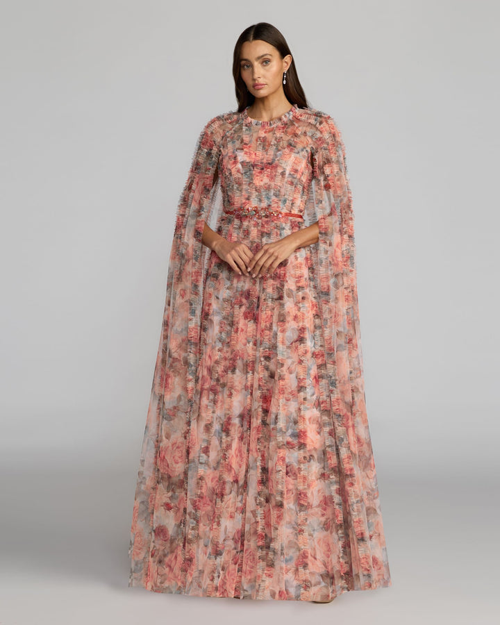 Mac Duggal 8431 Multicolor Floral High Neck Cape Sleeve Ruffle Gown