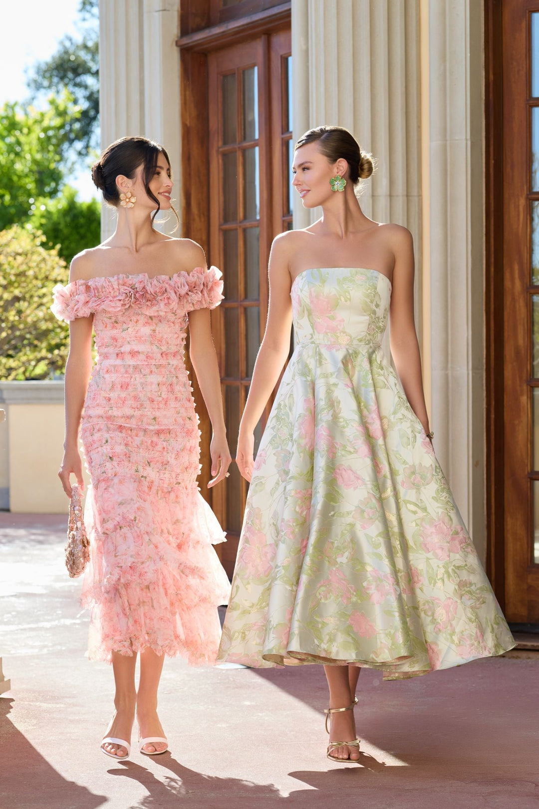 Mac Duggal 8432 Pink Floral Off The Shoulder Ruffle Midi Dress - FOSTANI.com