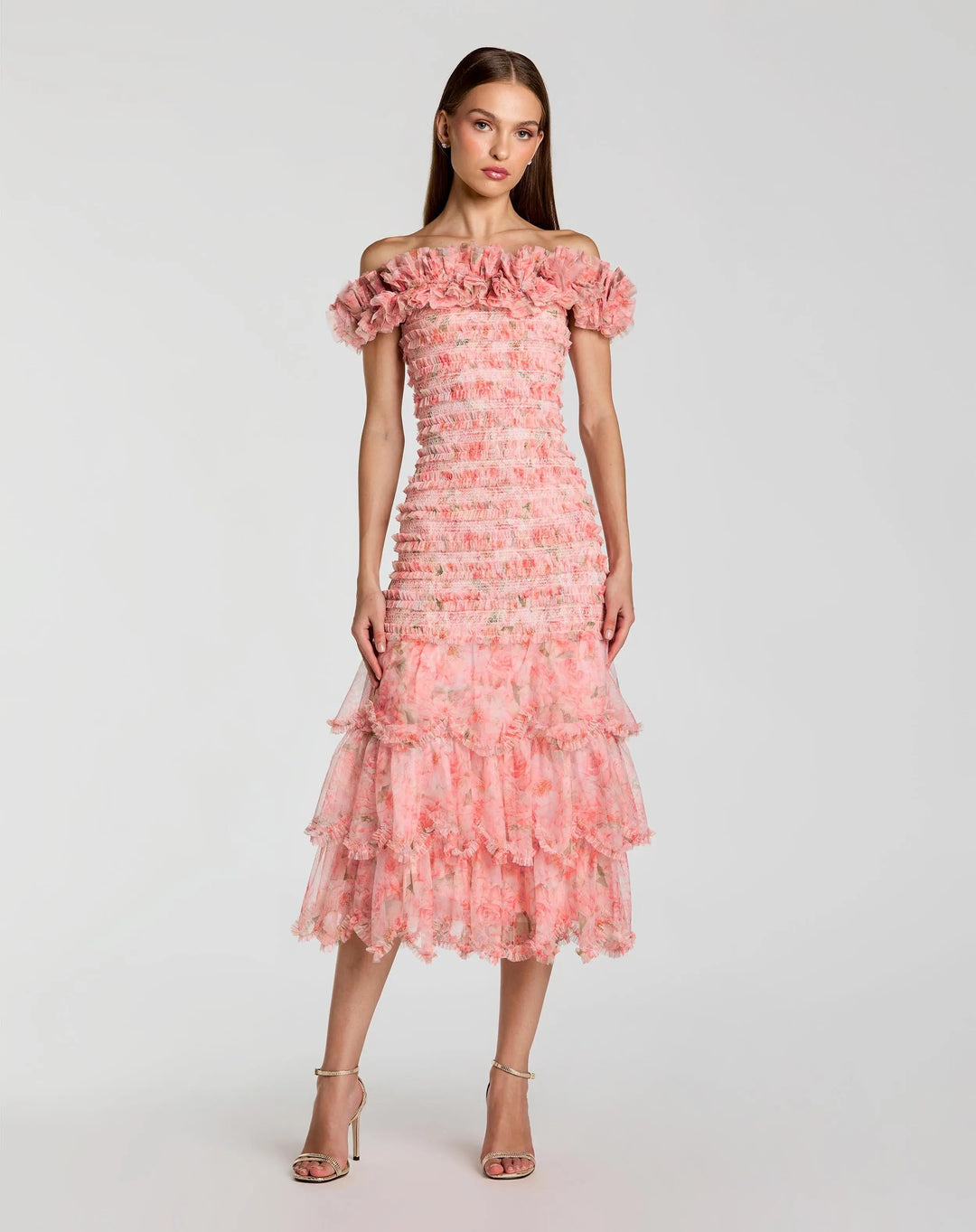 Mac Duggal 8432 Pink Floral Off The Shoulder Ruffle Midi Dress - FOSTANI.com