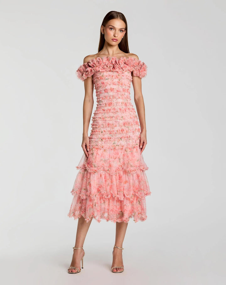 Mac Duggal 8432 Pink Floral Off The Shoulder Ruffle Midi Dress - FOSTANI.com