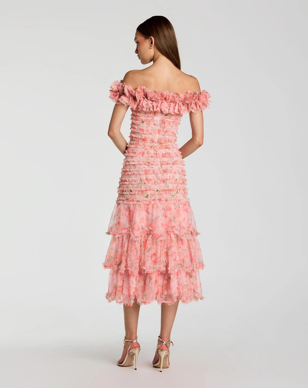 Mac Duggal 8432 Pink Floral Off The Shoulder Ruffle Midi Dress - FOSTANI.com