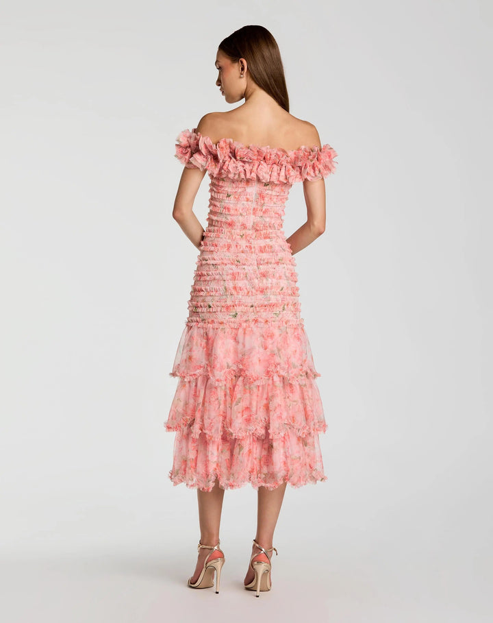 Mac Duggal 8432 Pink Floral Off The Shoulder Ruffle Midi Dress - FOSTANI.com