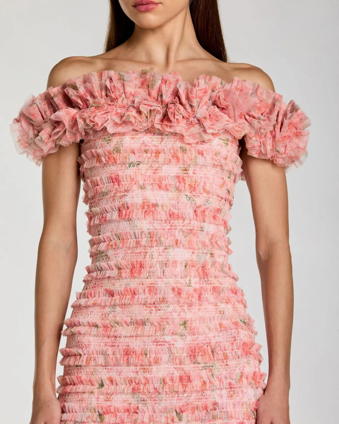 Mac Duggal 8432 Pink Floral Off The Shoulder Ruffle Midi Dress - FOSTANI.com