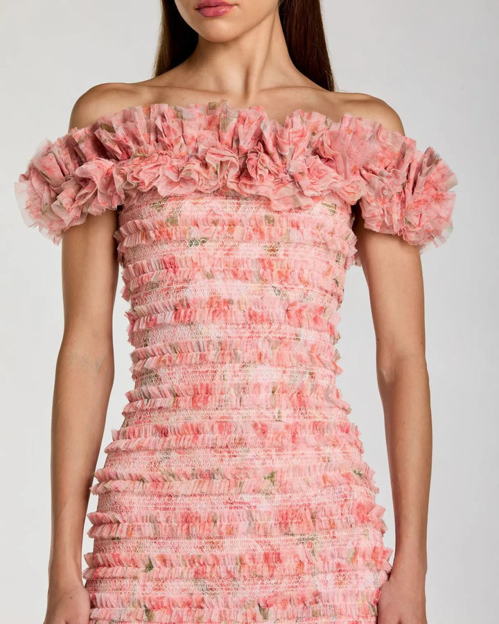 Mac Duggal 8432 Pink Floral Off The Shoulder Ruffle Midi Dress - FOSTANI.com