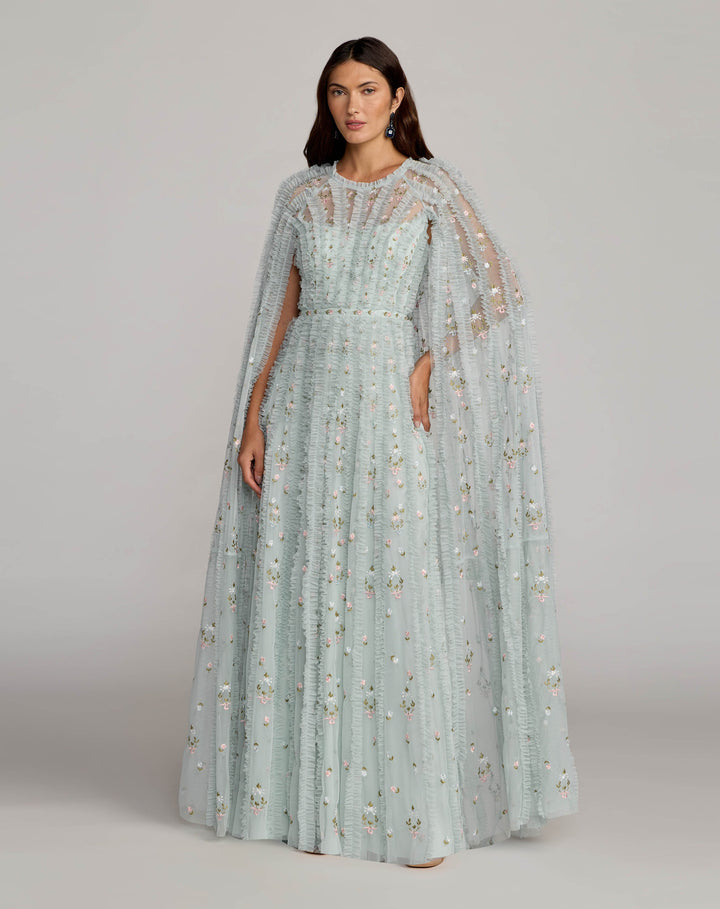 Mac Duggal 8444 Blue Embroidered High Neck Cape Sleeve Gown